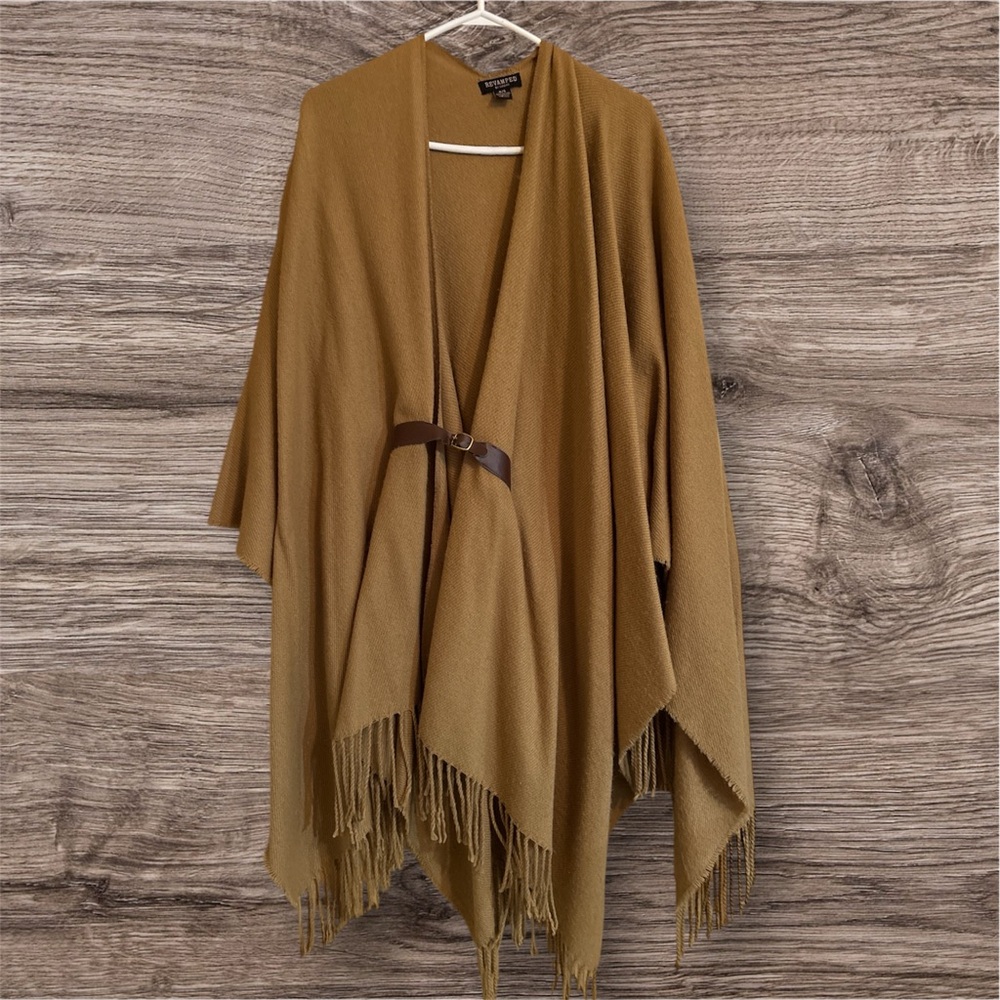 Stylish neutral belted Fringe Poncho